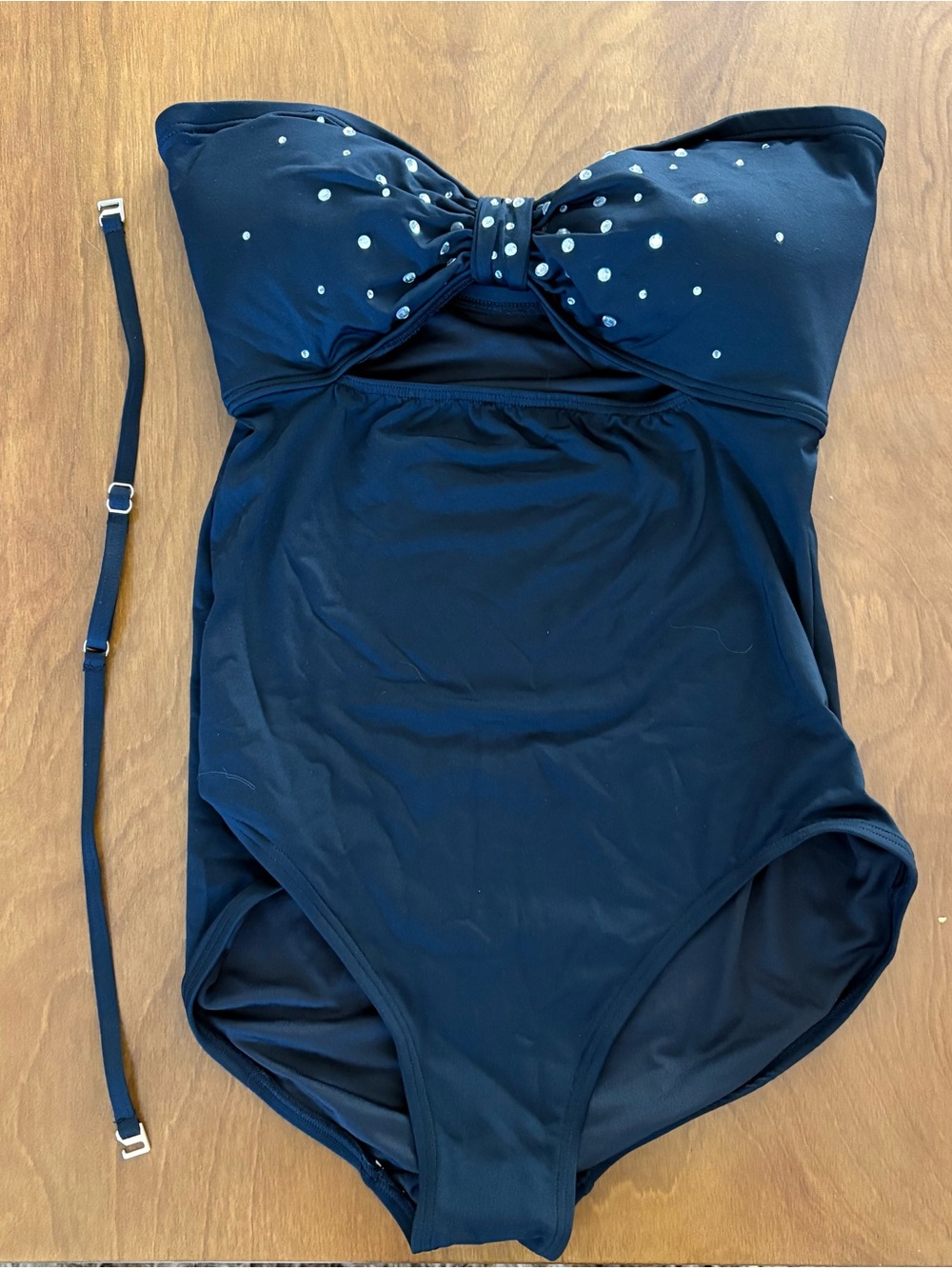 Kate Spade Black One-Piece Swimsuit with Bow and Rhinestone Accents Sz LG NWOT